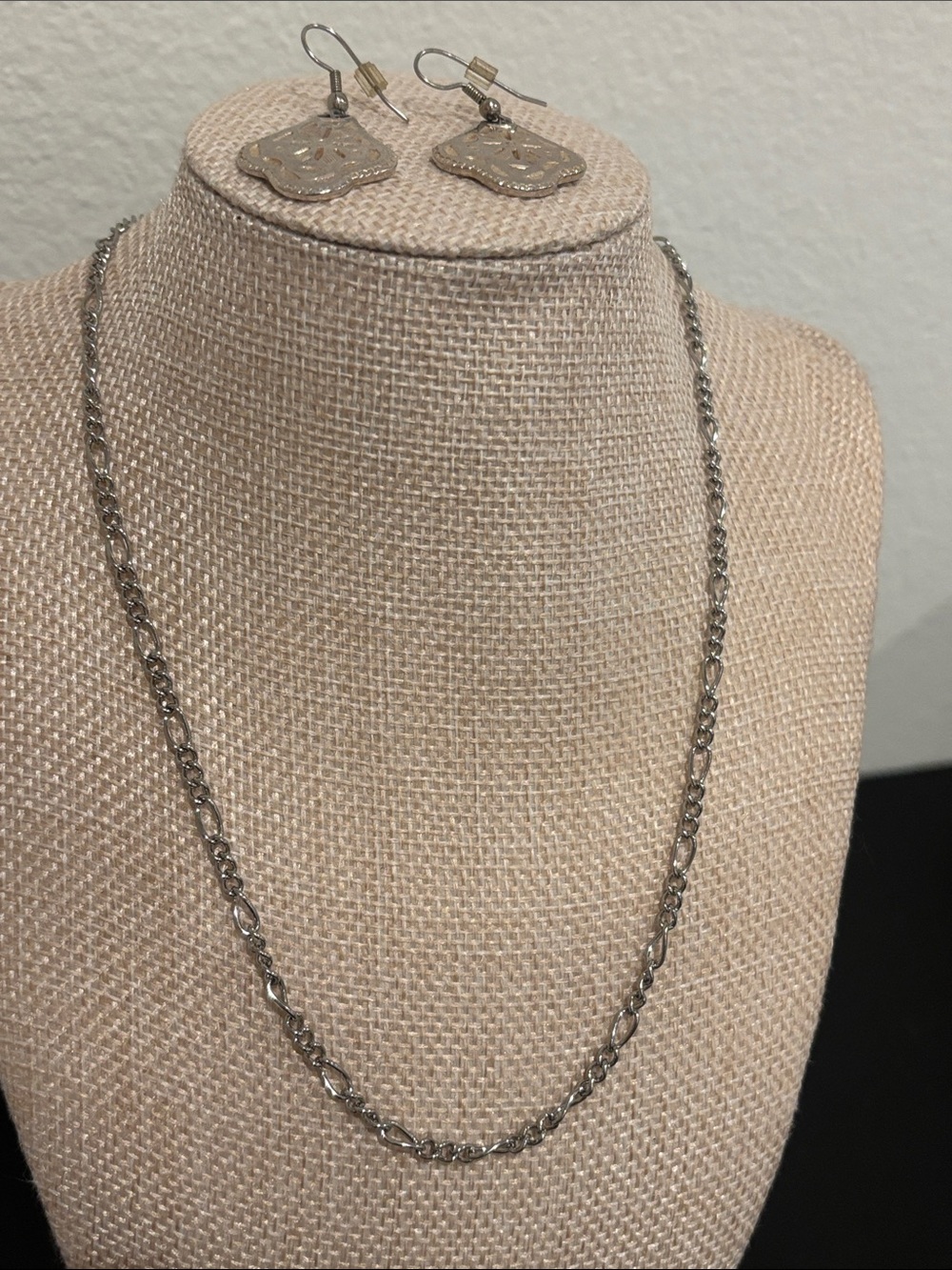 Vintage Milor Italy Stainless Steel Jewelry Set Figaro Chain Necklace Earrings
